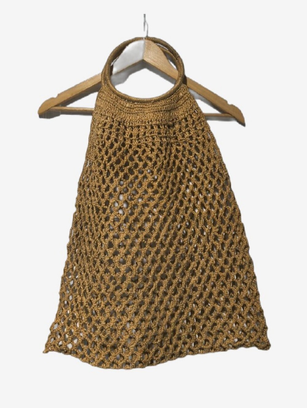 Vintage Golden Mustard Crochet Net Market Bag Circle Handle Tote